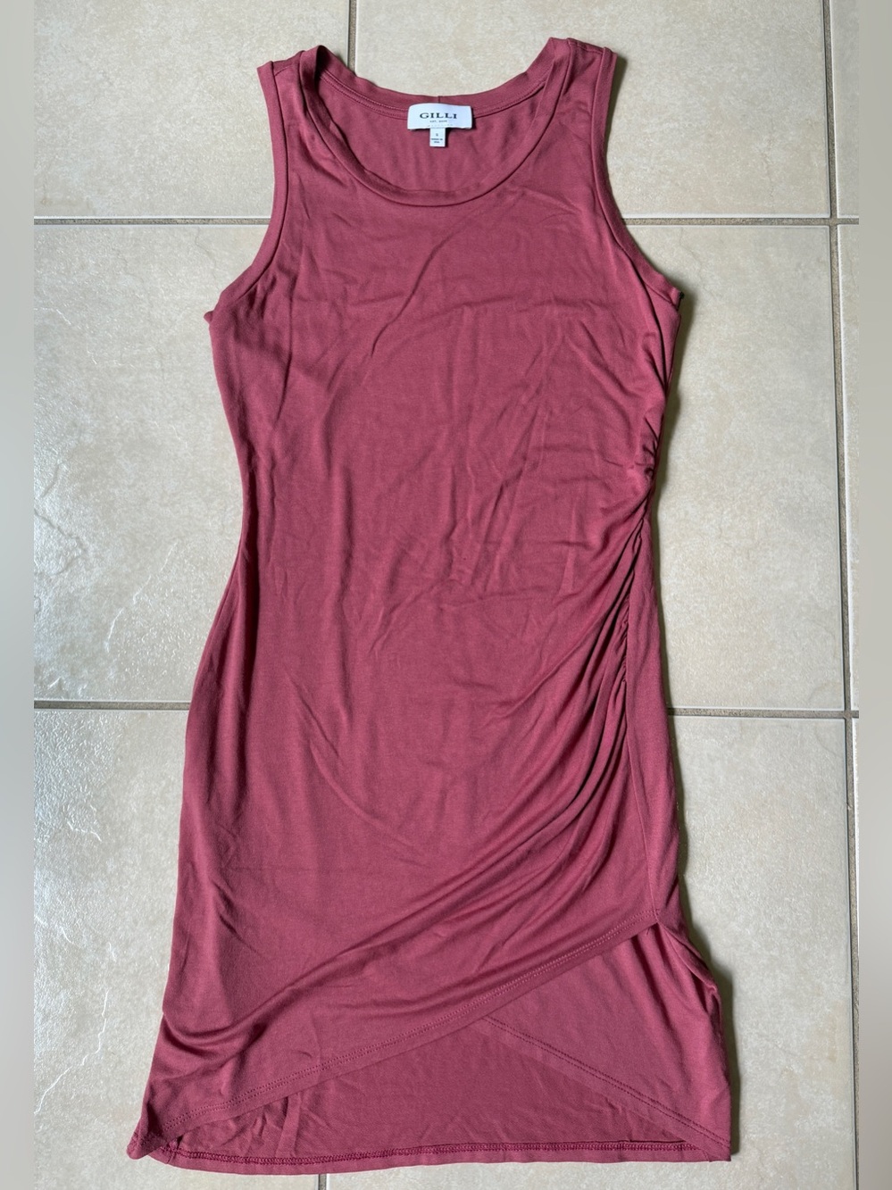 GILLI Ruched Side Tank Dress Size S Pink Mauve Asymmetric Tulip Hem Made in USA